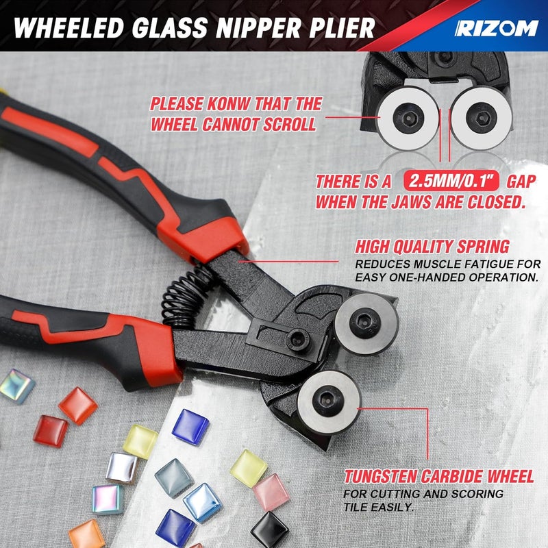 Rizom Glass Cutting Tool, Glass Cutter 2-20MM, 8" Tile Nippers, 8" Glass Running Pliers with Curved Jaws, 6" Breaker Grozer Pliers, Glass Cutter Kit for Stained Glass, Tiles, Mosaic Cutting - Image 2